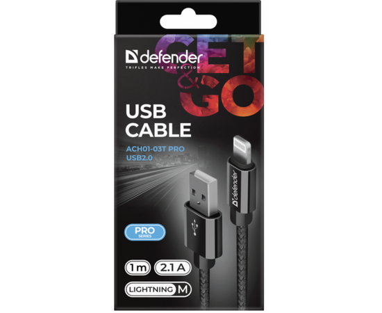 Дата кабель USB 2.0 AM to Lightning 1.0m ACH01-03T PRO Black Defender (87808), изображение 3 Дата кабель USB 2.0 AM to Lightning 1.0m ACH01-03T PRO Black Defender (87808), изображение 3