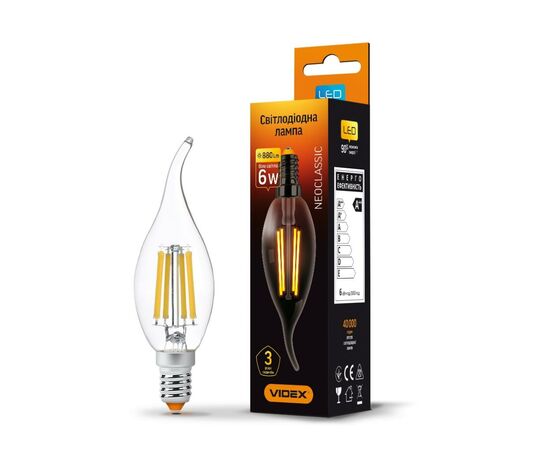 Лампочка Videx Filament C37Ft 6W E14 4100K 220V (VL-C37Ft-06144), изображение 2 Лампочка Videx Filament C37Ft 6W E14 4100K 220V (VL-C37Ft-06144), изображение 2