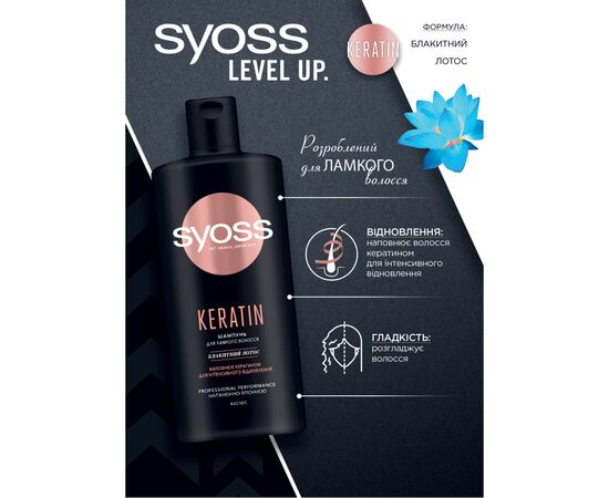 Шампунь Syoss Keratin с Голубым Лотосом для ломких волос 440 мл (9000101277050), изображение 2 Шампунь Syoss Keratin с Голубым Лотосом для ломких волос 440 мл (9000101277050), изображение 2