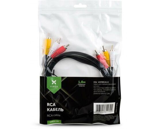 Кабель мультимедийный 3RCA to 3RCA 1.8m Vinga (VCP3RCA1.8), изображение 4 Кабель мультимедийный 3RCA to 3RCA 1.8m Vinga (VCP3RCA1.8), изображение 4