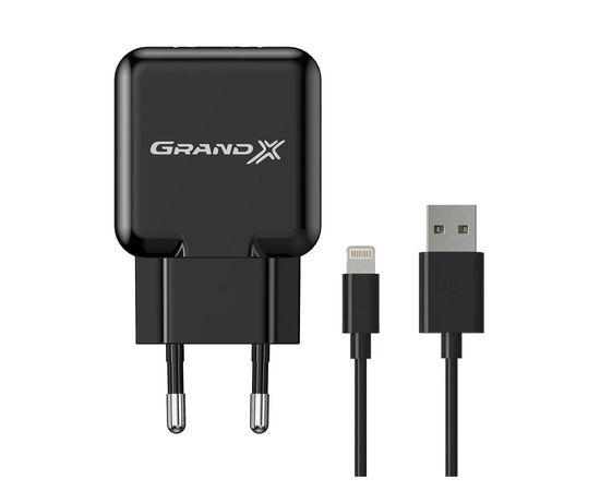 Зарядное устройство Grand-X 1*USB, 2,1A, Black, + cable USB -> Lightning, Cu, 2.1А, 1m (CH03LTB)