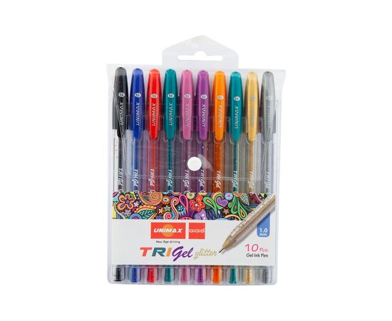 Ручка гелевая Unimax набор Trigel Glitter ассорти цветов с глиттером 1 мм 10 шт. (UX-142), изображение 3 Ручка гелевая Unimax набор Trigel Glitter ассорти цветов с глиттером 1 мм 10 шт. (UX-142), изображение 3