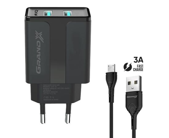 Зарядний пристрій Grand-X CH-15UMB (5V/2,1A + DC cable 2,4А USB -> Micro USB 1m) Black (CH-15UMB)