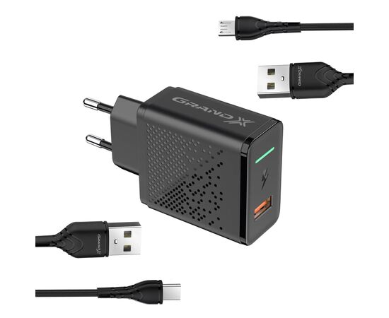 Зарядное устройство Grand-X QC3.0 18W + microUSB + Type-C cables (CH-650MT)