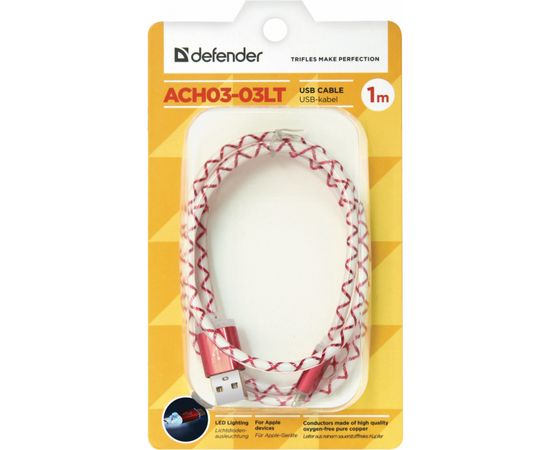 Дата кабель USB 2.0 AM to Lightning 1.0m ACH03-03LT RedLED backlight Defender (87552), изображение 3 Дата кабель USB 2.0 AM to Lightning 1.0m ACH03-03LT RedLED backlight Defender (87552), изображение 3