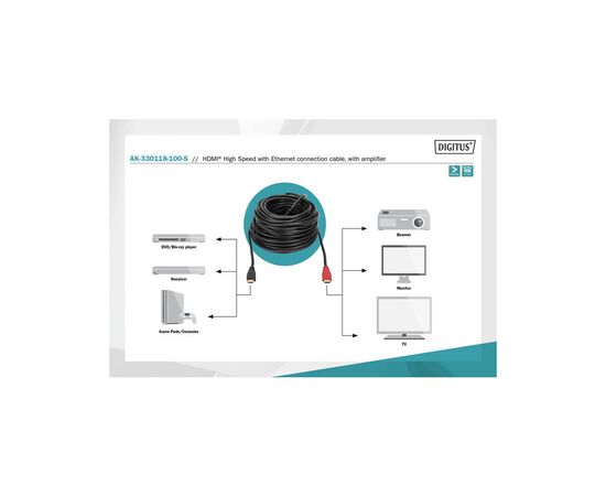 Кабель мультимедийный HDMI to HDMI 10.0m UHD 4K Amplifier Digitus (AK-330118-100-S), изображение 4 Кабель мультимедийный HDMI to HDMI 10.0m UHD 4K Amplifier Digitus (AK-330118-100-S), изображение 4