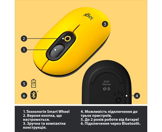 Мишка Logitech POP Mouse Bluetooth Blast Yellow (910-006546), зображення 6 Мишка Logitech POP Mouse Bluetooth Blast Yellow (910-006546), зображення 6