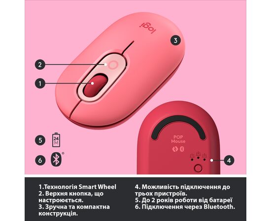 Мишка Logitech POP Mouse Bluetooth Heartbreaker Rose (910-006548), зображення 6 Мишка Logitech POP Mouse Bluetooth Heartbreaker Rose (910-006548), зображення 6