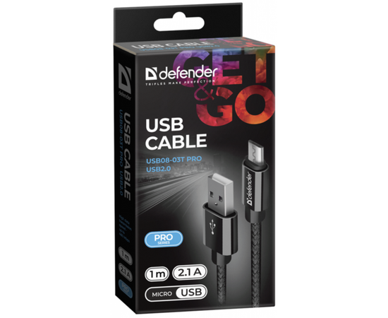 Дата кабель USB 2.0 AM to Micro 5P 1.0m USB08-03T PRO black Defender (87802), изображение 3 Дата кабель USB 2.0 AM to Micro 5P 1.0m USB08-03T PRO black Defender (87802), изображение 3