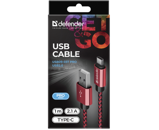 Дата кабель USB 2.0 AM to Type-C 1.0m USB09-03T PRO red Defender (87813), изображение 3 Дата кабель USB 2.0 AM to Type-C 1.0m USB09-03T PRO red Defender (87813), изображение 3