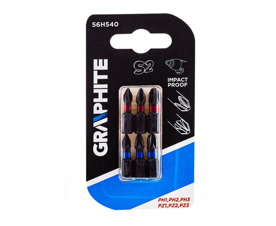 Набор бит Graphite ударных PH1 / 2/3, PZ1/2/3 x 25 мм, 6 шт. (56H540), изображение 2 Набор бит Graphite ударных PH1 / 2/3, PZ1/2/3 x 25 мм, 6 шт. (56H540), изображение 2