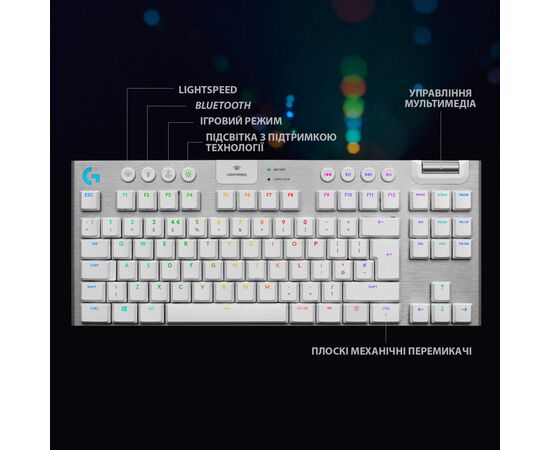 Клавиатура Logitech G915 TKL Lightspeed Wireless RGB Mechanical White (920-009664), изображение 7 Клавиатура Logitech G915 TKL Lightspeed Wireless RGB Mechanical White (920-009664), изображение 7