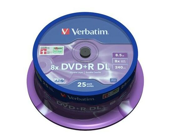 Диск DVD Verbatim 8.5Gb 8x CakeBox 25шт Matt Silver (43757)