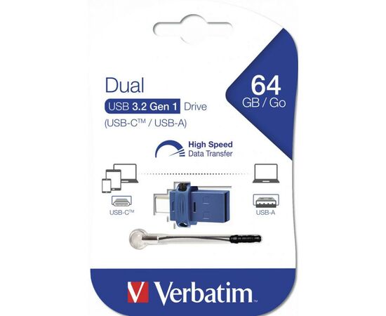 USB флеш накопитель Verbatim 64GB Dual USB Drive USB 3.0/Type-C (49967), изображение 2 USB флеш накопитель Verbatim 64GB Dual USB Drive USB 3.0/Type-C (49967), изображение 2
