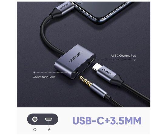 Концентратор Hub Type-C M to 3.5mm F+Type-C F Adapter CM193 (Gray) Ugreen (50596), изображение 2 Концентратор Hub Type-C M to 3.5mm F+Type-C F Adapter CM193 (Gray) Ugreen (50596), изображение 2