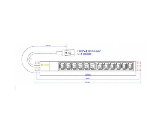 Силовий блок Conteg 19" 12 розеток IEC C13, вилка С14, кабель 3м (IP-BA-C12C300010)