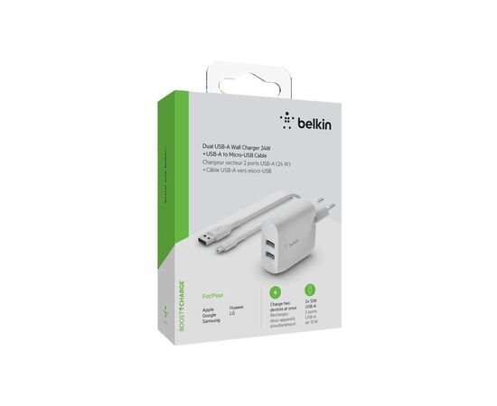 Зарядное устройство Belkin Home Charger (24W) DUAL USB 2.4A, MicroUSB 1m, white (WCE002VF1MWH)