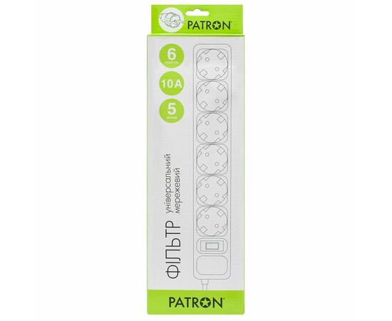 Сетевой фильтр питания Patron 5.0 m3*1mm2 (SP-1065)  6 розеток BLACK (EXT-PN-SP-1065), изображение 2 Сетевой фильтр питания Patron 5.0 m3*1mm2 (SP-1065)  6 розеток BLACK (EXT-PN-SP-1065), изображение 2