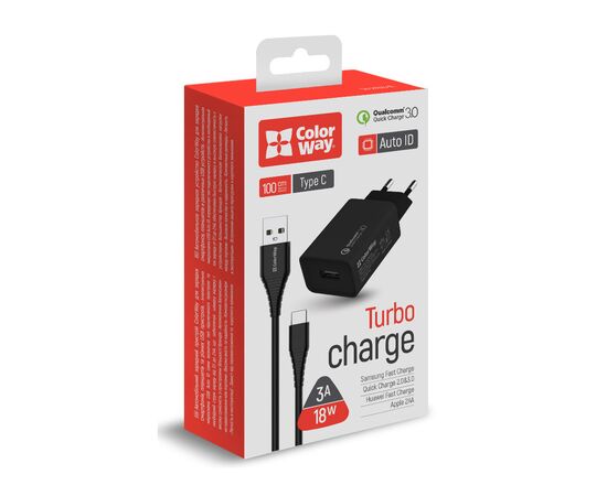 Зарядное устройство ColorWay 1USB Quick Charge 3.0 (18W) black + cable Type C (CW-CHS013QCC-BK), изображение 8 Зарядное устройство ColorWay 1USB Quick Charge 3.0 (18W) black + cable Type C (CW-CHS013QCC-BK), изображение 8