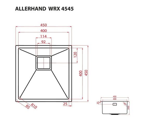 Мойка кухонная Weilor ALLERHAND WRX 4545, изображение 7 Мойка кухонная Weilor ALLERHAND WRX 4545, изображение 7