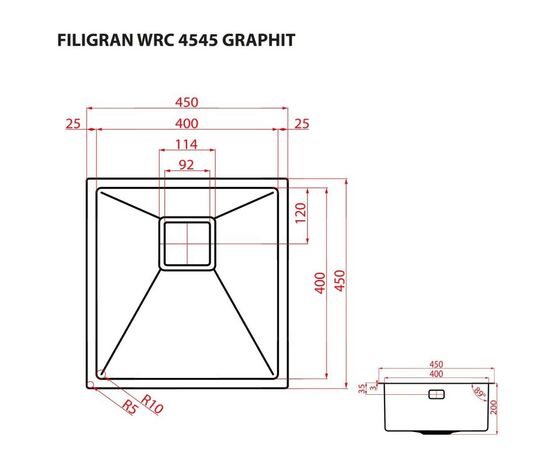 Мойка кухонная Weilor FILIGRAN WRC 4545 GRAPHIT, изображение 9 Мойка кухонная Weilor FILIGRAN WRC 4545 GRAPHIT, изображение 9
