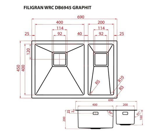 Мойка кухонная Weilor FILIGRAN WRC DB6945 GRAPHIT, изображение 9 Мойка кухонная Weilor FILIGRAN WRC DB6945 GRAPHIT, изображение 9