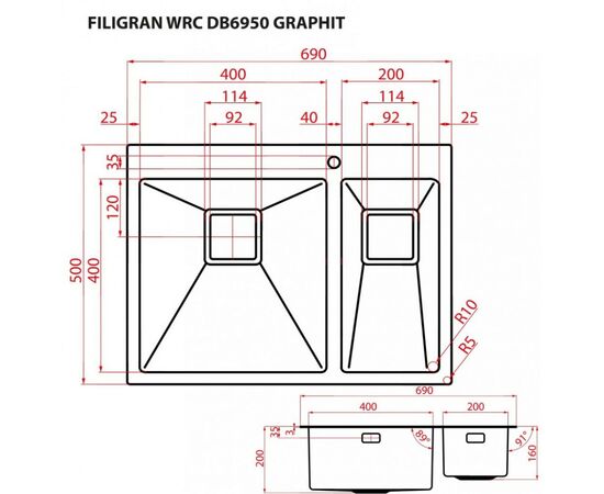 Мойка кухонная Weilor FILIGRAN WRC DB6950 GRAPHIT, изображение 9 Мойка кухонная Weilor FILIGRAN WRC DB6950 GRAPHIT, изображение 9