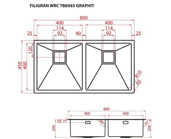 Мойка кухонная Weilor FILIGRAN WRC TB8945 GRAPHIT, изображение 9 Мойка кухонная Weilor FILIGRAN WRC TB8945 GRAPHIT, изображение 9