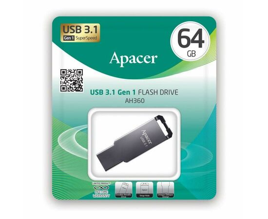 USB флеш накопитель Apacer 64GB AH360 Ashy USB 3.1 Gen1 (AP64GAH360A-1), изображение 4