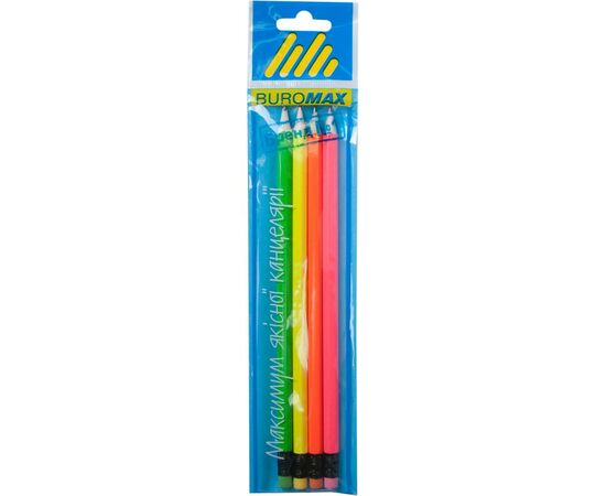 Карандаш графитный Buromax HB, with eraser, NEON НВ, SET 4шт, assorted colors (BM.8520-4)