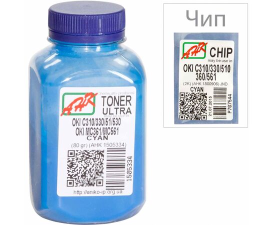 Тонер OKI C310/330/510, 80г Cyan+chip AHK (1505338)