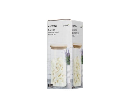 Емкость для сыпучих продуктов Ardesto Fresh квадратная, стекло, бамбук 1000 мл (AR1310BLS), изображение 2 Емкость для сыпучих продуктов Ardesto Fresh квадратная, стекло, бамбук 1000 мл (AR1310BLS), изображение 2