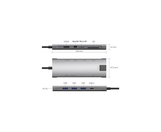 Концентратор Dynamode USB Type-C to HDMI 4K + Mini DP + 3хUSB3.0 + Gigabit RJ45+ U (Dock-9-in-1-TypeC-HDMI-Mini-DP-USB3.0-RJ45), изображение 4 Концентратор Dynamode USB Type-C to HDMI 4K + Mini DP + 3хUSB3.0 + Gigabit RJ45+ U (Dock-9-in-1-TypeC-HDMI-Mini-DP-USB3.0-RJ45), изображение 4
