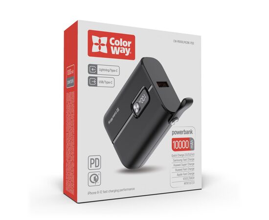Батарея универсальная ColorWay 10 000 mAh Full power (USB QC3.0 + USB-C Power Delivery 22.5 (CW-PB100LPK2BK-PDD), изображение 10 Батарея универсальная ColorWay 10 000 mAh Full power (USB QC3.0 + USB-C Power Delivery 22.5 (CW-PB100LPK2BK-PDD), изображение 10