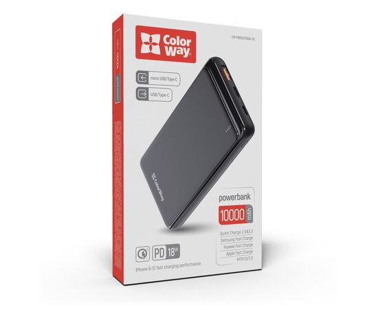 Батарея универсальная ColorWay 10 000 mAh Slim (USB QC3.0 + USB-C Power Delivery 18W) Black (CW-PB100LPG3BK-PD), изображение 10 Батарея универсальная ColorWay 10 000 mAh Slim (USB QC3.0 + USB-C Power Delivery 18W) Black (CW-PB100LPG3BK-PD), изображение 10