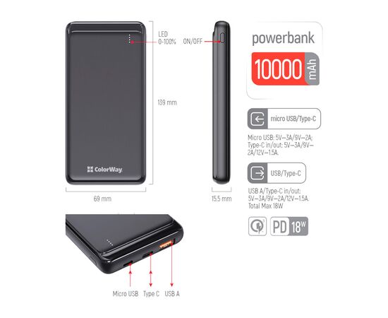 Батарея универсальная ColorWay 10 000 mAh Slim (USB QC3.0 + USB-C Power Delivery 18W) Black (CW-PB100LPG3BK-PD), изображение 4 Батарея универсальная ColorWay 10 000 mAh Slim (USB QC3.0 + USB-C Power Delivery 18W) Black (CW-PB100LPG3BK-PD), изображение 4