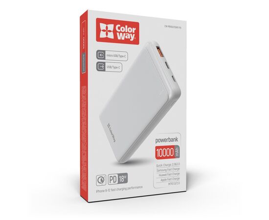 Батарея универсальная ColorWay 10 000 mAh Slim (USB QC3.0 + USB-C Power Delivery 18W) White (CW-PB100LPG3WT-PD), изображение 10 Батарея универсальная ColorWay 10 000 mAh Slim (USB QC3.0 + USB-C Power Delivery 18W) White (CW-PB100LPG3WT-PD), изображение 10