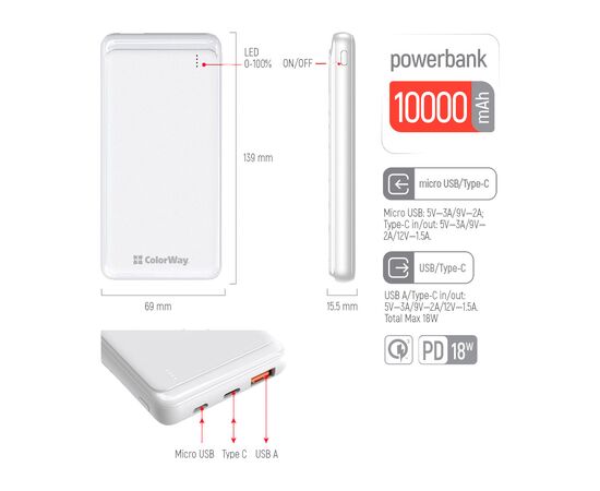 Батарея универсальная ColorWay 10 000 mAh Slim (USB QC3.0 + USB-C Power Delivery 18W) White (CW-PB100LPG3WT-PD), изображение 4 Батарея универсальная ColorWay 10 000 mAh Slim (USB QC3.0 + USB-C Power Delivery 18W) White (CW-PB100LPG3WT-PD), изображение 4