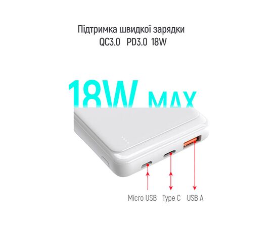 Батарея универсальная ColorWay 10 000 mAh Slim (USB QC3.0 + USB-C Power Delivery 18W) White (CW-PB100LPG3WT-PD), изображение 5 Батарея универсальная ColorWay 10 000 mAh Slim (USB QC3.0 + USB-C Power Delivery 18W) White (CW-PB100LPG3WT-PD), изображение 5