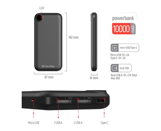 Батарея универсальная ColorWay 10 000 mAh Slim, LCD, Black (CW-PB100LPH2BK-D), изображение 4 Батарея универсальная ColorWay 10 000 mAh Slim, LCD, Black (CW-PB100LPH2BK-D), изображение 4