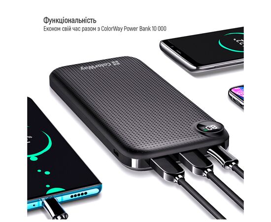 Батарея универсальная ColorWay 10 000 mAh Slim, LCD, Black (CW-PB100LPH2BK-D), изображение 7 Батарея универсальная ColorWay 10 000 mAh Slim, LCD, Black (CW-PB100LPH2BK-D), изображение 7