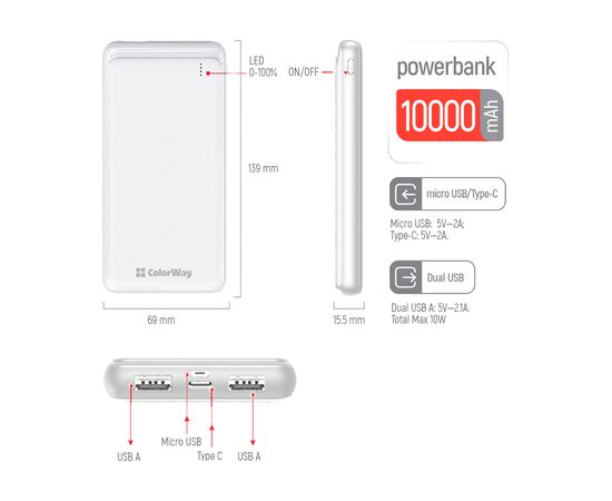Батарея универсальная ColorWay 10 000 mAh Slim, White (CW-PB100LPF2WT), изображение 4 Батарея универсальная ColorWay 10 000 mAh Slim, White (CW-PB100LPF2WT), изображение 4