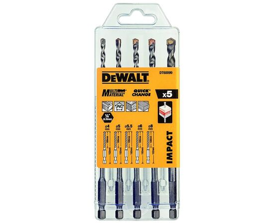 Набор сверл DeWALT универсальных MULTI MATERIAL IMPACT,5 шт, пластиковый кейс (DT60099)