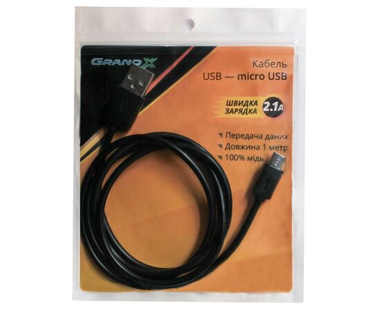 Дата кабель USB 2.0 AM to Micro 5P 1.0m Black Grand-X (PM01S), изображение 3