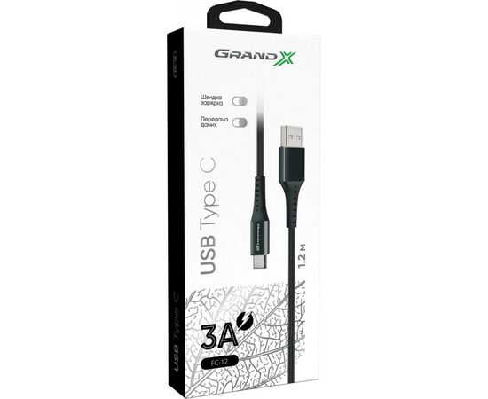 Дата кабель USB 2.0 AM to Type-C 1.2m Black Grand-X (FC-12B), зображення 4 Дата кабель USB 2.0 AM to Type-C 1.2m Black Grand-X (FC-12B), зображення 4