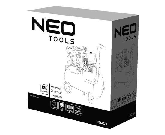 Компрессор Neo Tools безмаслянный, 2-х поршневой, 230В, 24л, 8 Бар, 125л/мин, 800 (12K021), изображение 10 Компрессор Neo Tools безмаслянный, 2-х поршневой, 230В, 24л, 8 Бар, 125л/мин, 800 (12K021), изображение 10