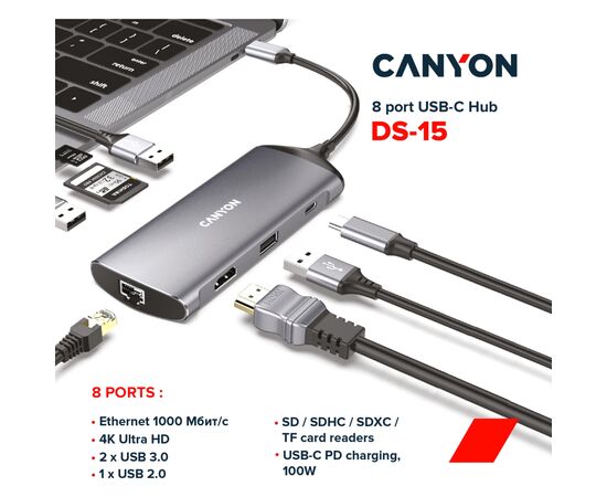 Концентратор Canyon 8-in-1 USB-C (CNS-TDS15), изображение 2 Концентратор Canyon 8-in-1 USB-C (CNS-TDS15), изображение 2