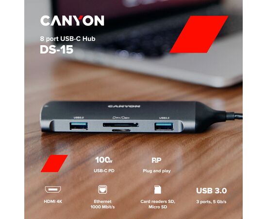 Концентратор Canyon 8-in-1 USB-C (CNS-TDS15), изображение 3 Концентратор Canyon 8-in-1 USB-C (CNS-TDS15), изображение 3