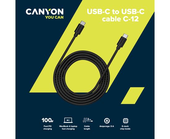 Дата кабель USB-C to USB-C 2.0m 100W 20V/ 5A black Canyon (CNS-USBC12B), изображение 3 Дата кабель USB-C to USB-C 2.0m 100W 20V/ 5A black Canyon (CNS-USBC12B), изображение 3