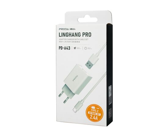 Зарядное устройство Proda USB 2,4A + USB Type-C cable (PD-A43a-WHT), изображение 5 Зарядное устройство Proda USB 2,4A + USB Type-C cable (PD-A43a-WHT), изображение 5